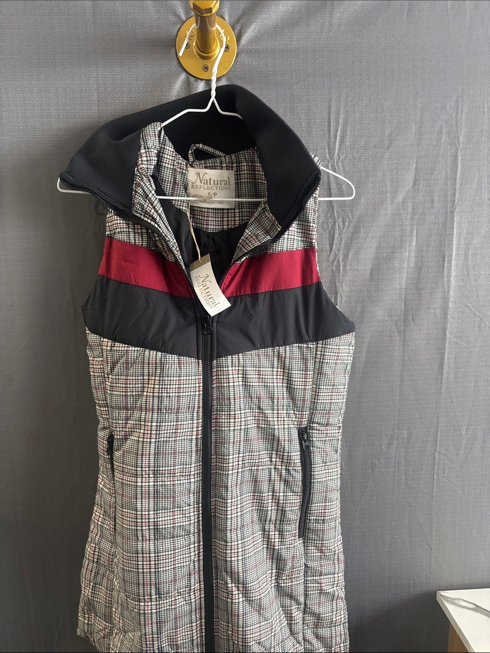 NWTNatural Reflections Plaid Puffer Vest with Red and Black Panels